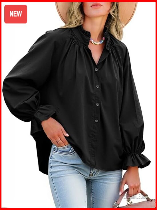 Tops - Puff Long Sleeve Button Down Shirt Pleated V Neck Cotton Blouse Loose Fit